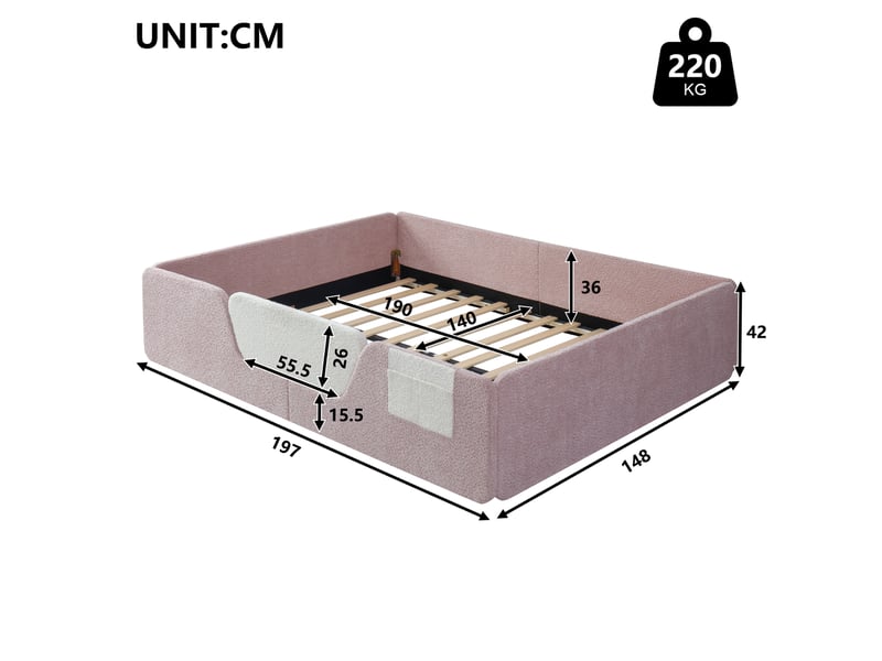  Lit enfant velours rose, lit capitonné 140x190 avec barrières de sécurité amovibles et poche de rangement, sans matelas  - Conforama C