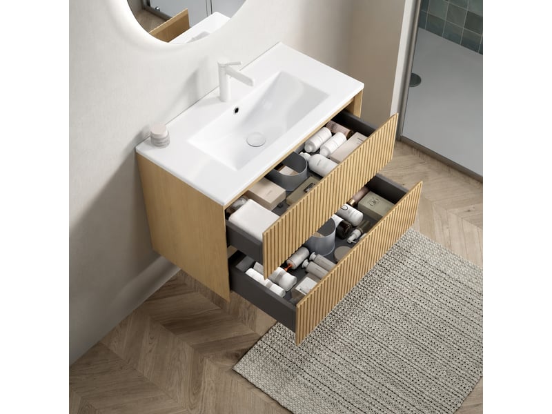 Meuble vasque suspendu 75 cm avec vasque intégrée en céramique blanche, 2 tiroirs, chêne doré - Conforama C