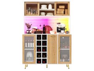 Buffet de cuisine blanc et décor bois, 120x40x180 cm, mdf, led, prise intégrée, casier à bouteilles et rangements