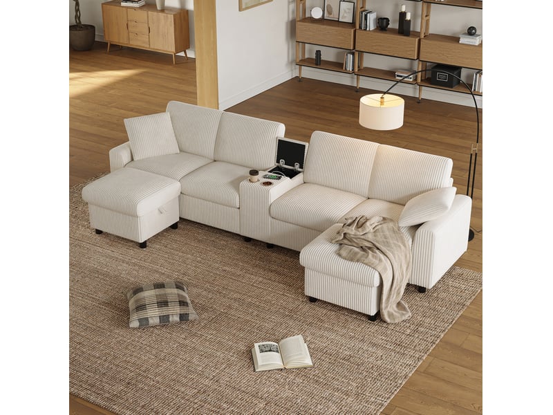  Canapé en u modenvie 4 places en velours côtelé beige 315 x 135 cm avec rangements et ports usb  - Conforama E