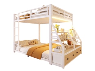 Lit superposé 2x140x200 cm, avec 2 tiroirs en tissu, éclairage led, étagères, échelle et garde-corps, métal blanc