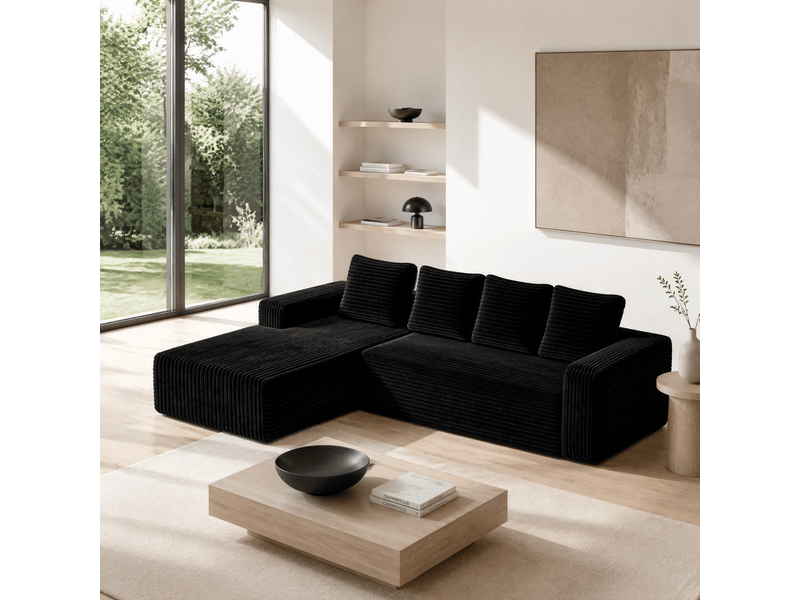  Canapé d'angle modulable 261 cm avec méridienne-assise profonde style cloud-en velours côtelé-noir  - Conforama B