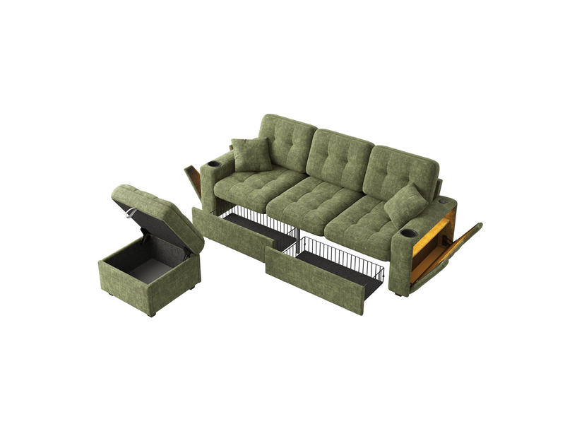 Canapé d'angle fixe 3 places en chenille verte 194,5 x 133 x 83 cm, led, usb-c, rangements, salon séjour 194.5x133x83cm - Conforama A