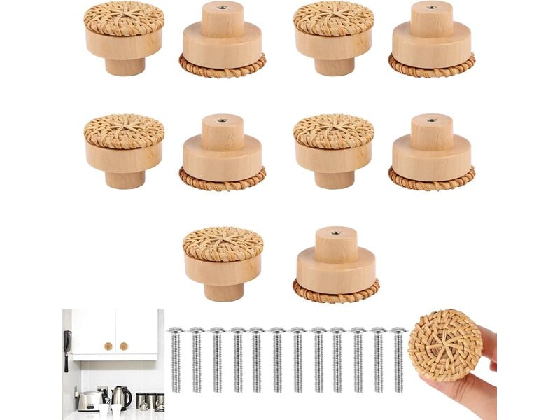  Pack de 4 poignées en rotin et bois de 40 mm, poignées décoratives de style bohème pour commodes, tiroirs et cuisine  - Conforama B