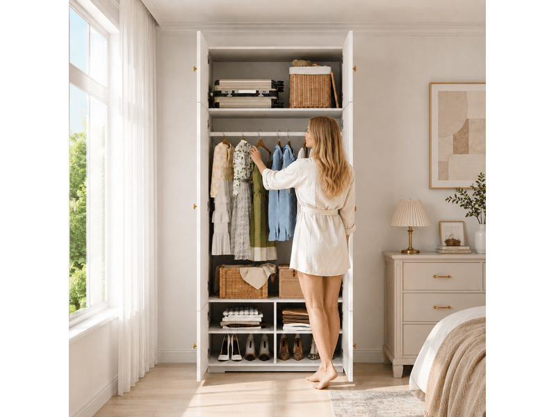  Armoire 2 portes 90x50x202 cm avec penderie coloris blanc  - Conforama E