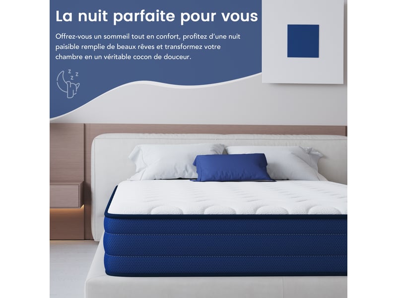  Matelas à ressorts ensachés individuellement 135x190cm – 22cm d'épaisseur, 7 zones de confort, soutien moyenferme (h3h4), ergonomique, respirant et anti-acariens, certifié oeko-tex. 7 zones de confort - Conforama W