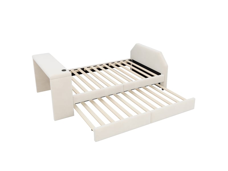  Lit rembourré pour enfant, 90 x 200 cm, avec bureau intégré, port de chargement usb et lit d'appoint gigogne, velours, beige  - Conforama A