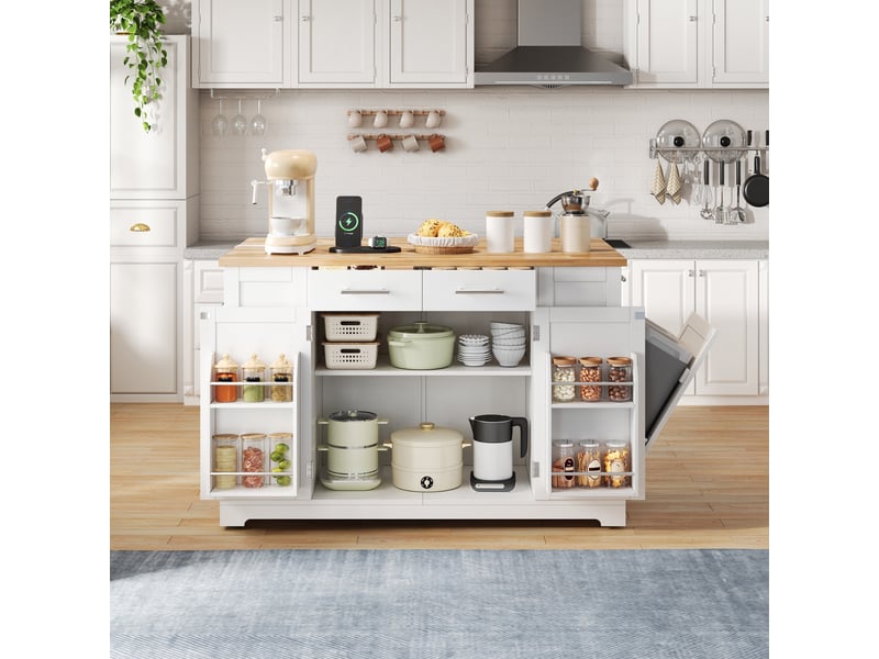  Ilot central de cuisine - 138x86x92cm - desserte de cuisine avec plateau bois naturel, prises, roulettes et poubelle - blanc et bois  - Conforama D