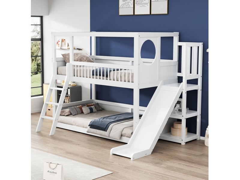  Lit superposé enfant 90×200 cm avec rangement, étagères et toboggan, pin, blanc, sans matelas  - Conforama D