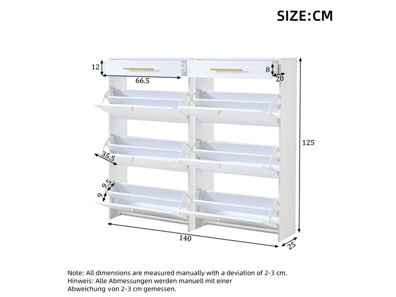  Ensemble de 2 meubles à chaussures ulevr, 12 compartiments et 2 tiroirs, 140 x 25 x 125 cm, mdf blanc  - Conforama C