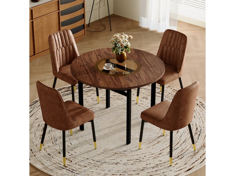  Ensemble table et chaises avec 1 table et 4 chaises  - étagère en verre - mdf, métal et tissu - marron et noir  - Conforama B
