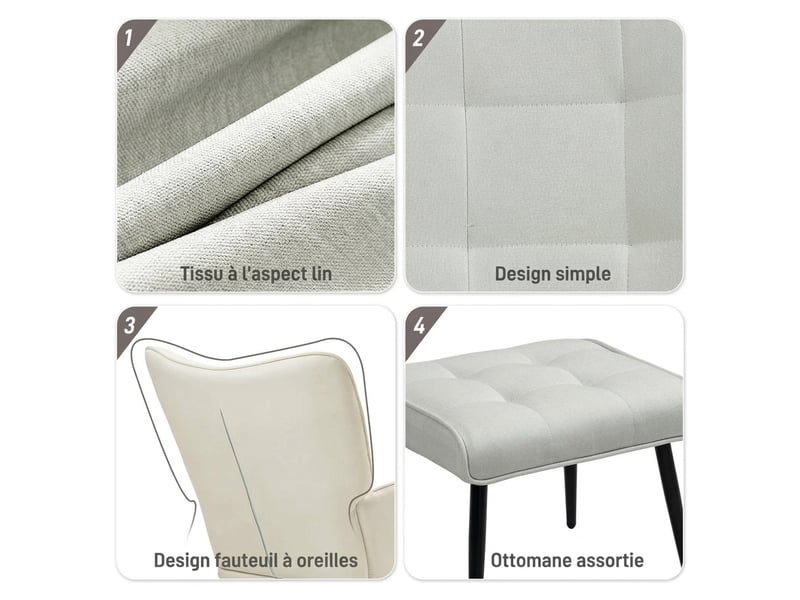  Fauteuil à bascule avec repose-pieds et dossier à oreilles, fauteuil d'allaitement aspect lin, cadre acier et bois, 130 kg  - Conforama W