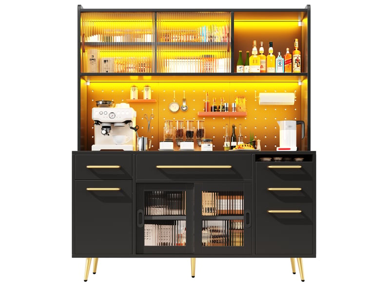  Buffet haut de cuisine 145x39x171 cm – noir – led, rangements modulables, porte vitrée et panneau perforé  - Conforama A