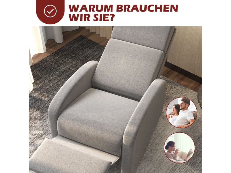 Fauteuil relax inclinable,64x86x102 cm,avec repose-pieds,tissu aspect lin,gris - Conforama D