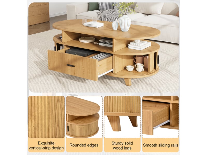  Table basse ovale avec 1 tiroir, 2 portes à rideau et 3 niches, style nordique, en mdf et aggloméré, naturel  - Conforama D