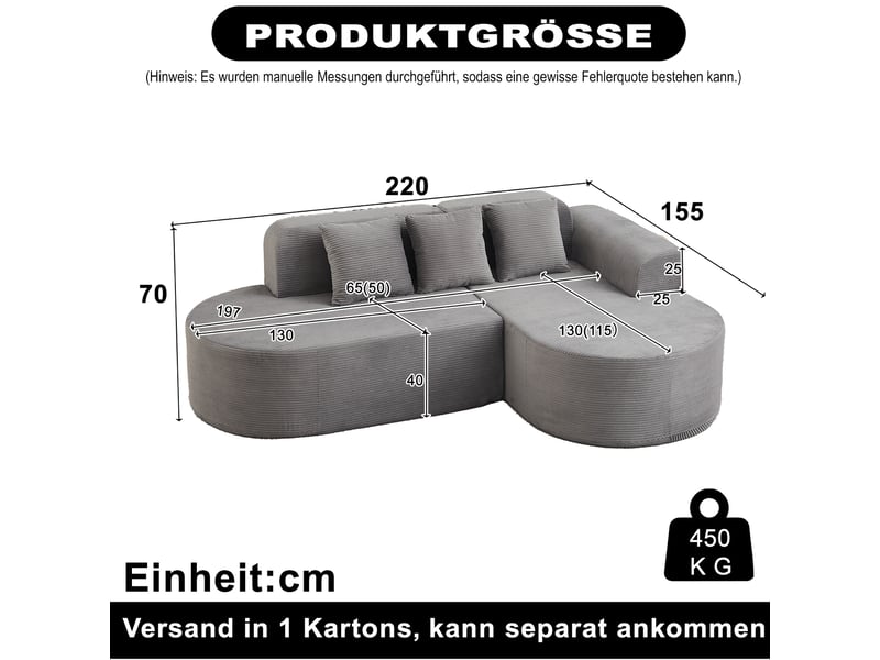 Canapé d'angle à méridienne incurvée avec accoudoirs arrondis et 3 coussins en velours côtelé gris, 220 × 155 × 70 cm  - Conforama D