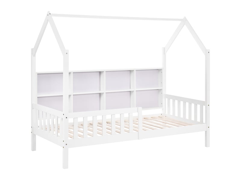  Lit cabane, lit enfant avec bibliothèque multifonctionnelle, grille de rangement, armoire, étagère et deux grands tiroirs avec espace de rangement et forme de cheminée, 90 x 200 cm, blanc  - Conforama D