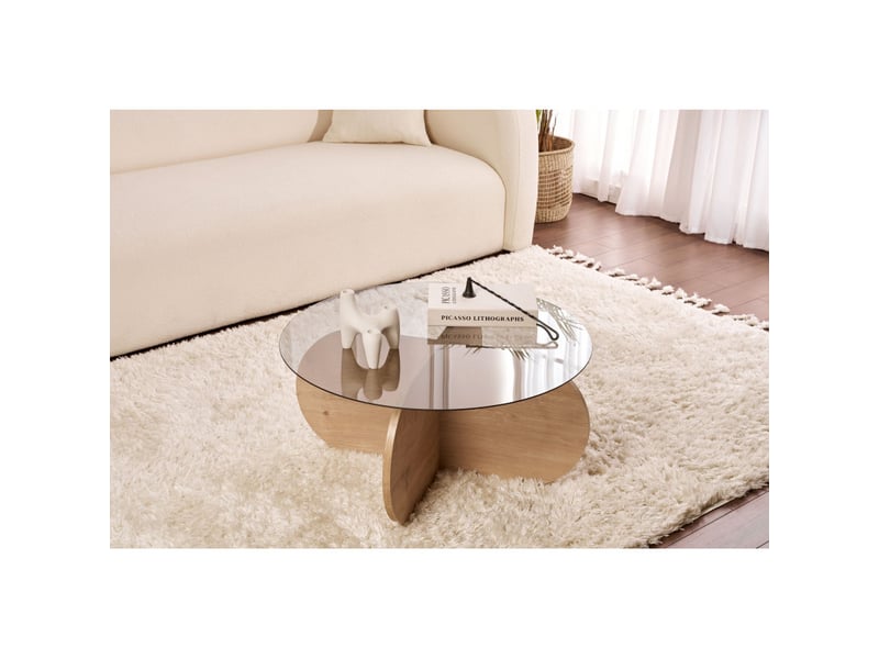  Table basse de salon en verre trempé et bois mdf mélaminé chêne saphir et fumé 75 x 75 x 35 cm  - Conforama B