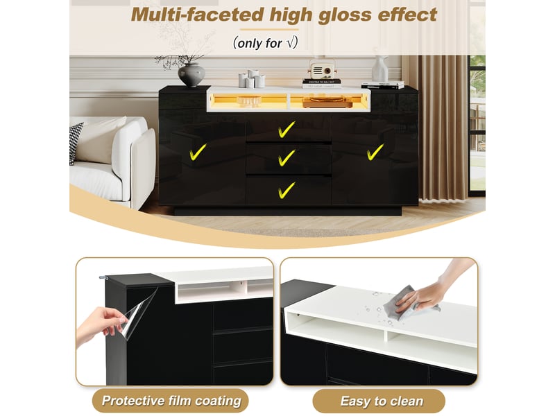  Buffet et enfilade avec 2 portes, 3 tiroirs, niches semi-ouvertes et led pour salon, 140×40×68 cm, noir  - Conforama E
