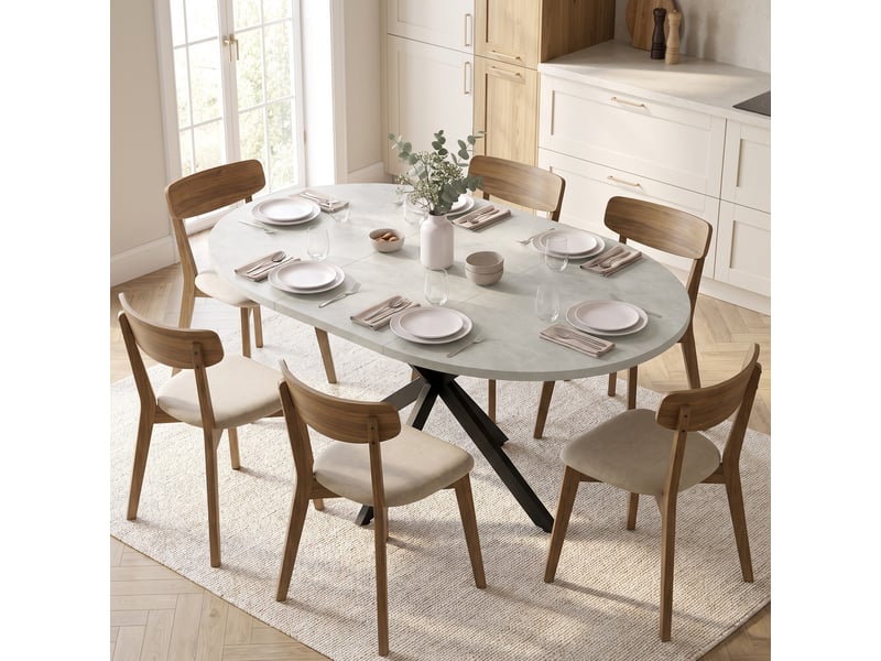 Table de salle à manger extensible pour 4 à 6 personnes, modèle papillon avec piètement en x, gris ciment - Conforama C