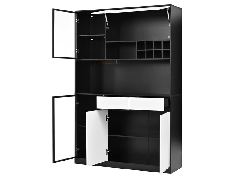  Buffet haut avec led et porte-verres 120x35x180 cm en mdf noir et blanc  - Conforama D