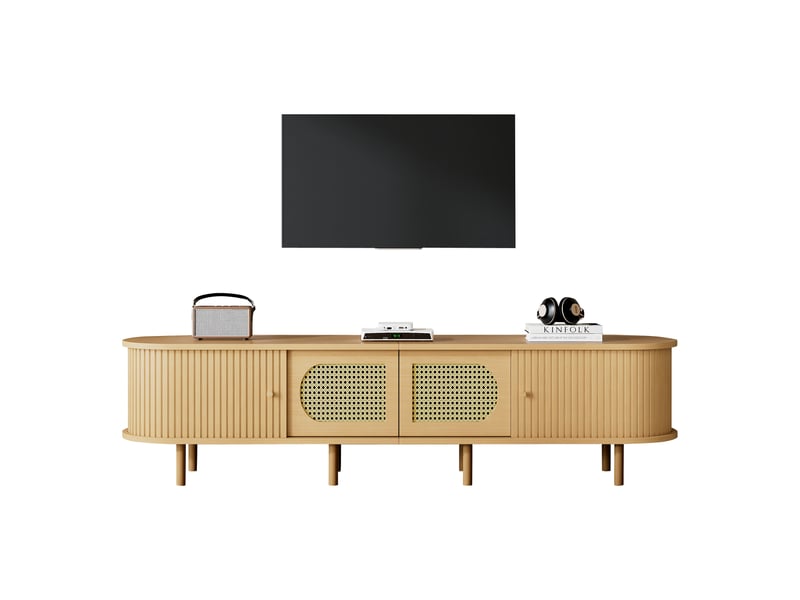  Meuble tv 180×40×45 cm, meuble bas avec 2 portes rotin, 2 portes à rideau, pour tv jusqu'à 75 pouces, pour salon, bois clair  - Conforama A