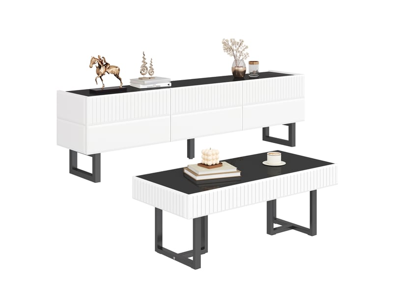  Ensemble meuble tv et table basse rayures bicolores mdf brillant  - Conforama A