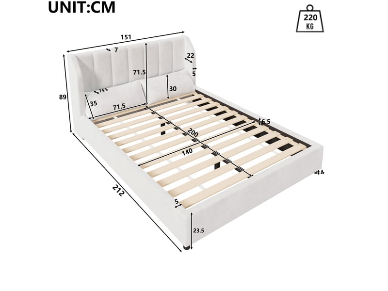  Lit plateforme 140x200 cm, doté de sommier à lattes sans matelas, beige, mdf, doté de tête de lit à couture verticale  - Conforama C