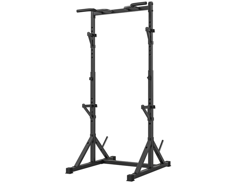  Support à squats réglable avec double support, porte-disque et barre de traction, acier, 112-100 x 201-217 cm, noir  - Conforama B