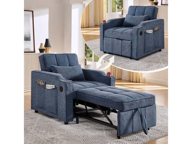  Fauteuil convertible 1 place - 190x85x86 cm - fauteuil 3-en-1 avec ports usb type-c et porte-gobelet - bleu marine  - Conforama B