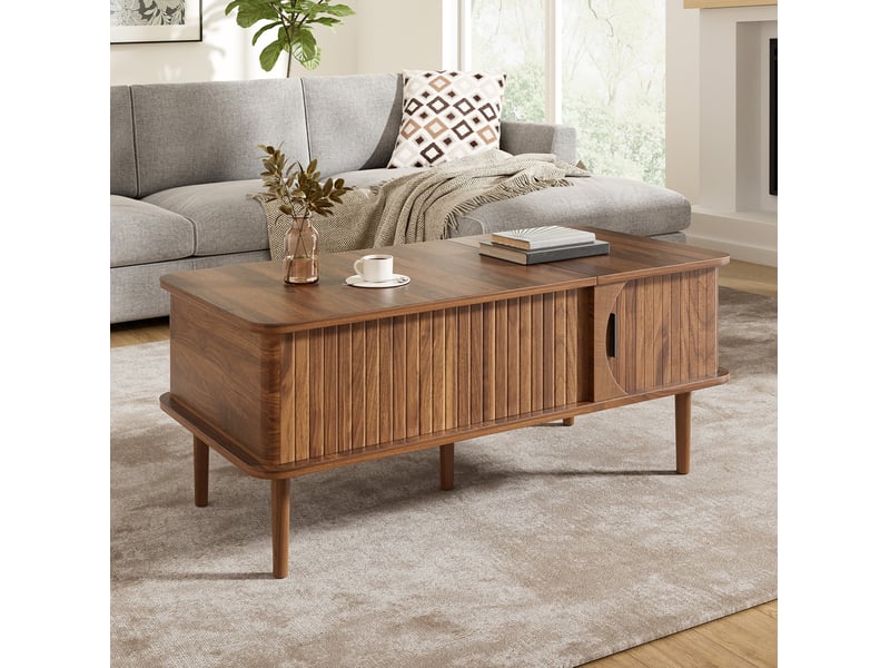  Table basse relevable avec porte coulissante et niche de rangement, finition noyer, pour salon, 100 × 48 × 55,5 cm  - Conforama D