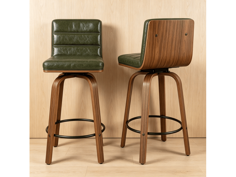  Tabouret de bar pivotant avec dossier ergonomique, anneau repose-pieds et patins antidérapants, en métal et bois vert  - Conforama C