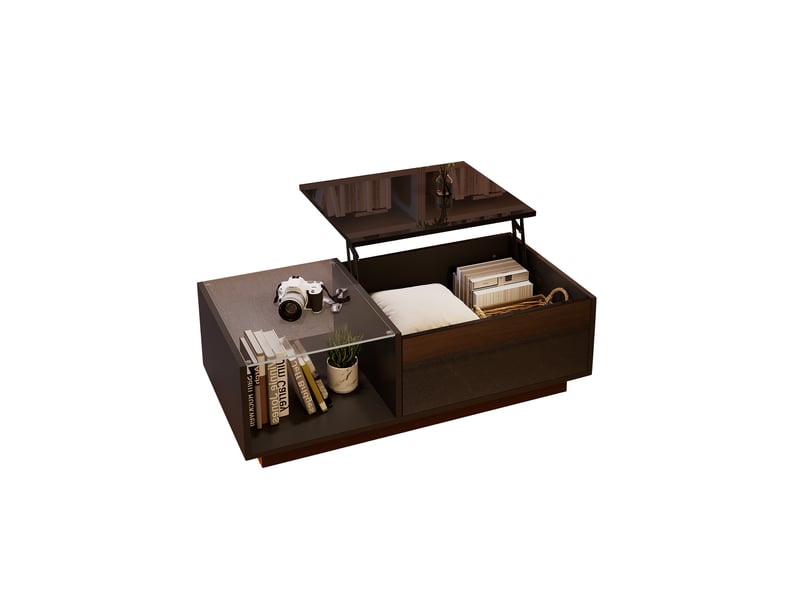  Table basse relevable noire avec led, table basse avec rangement caché et plateau en verre, 100x50 cm  - Conforama W
