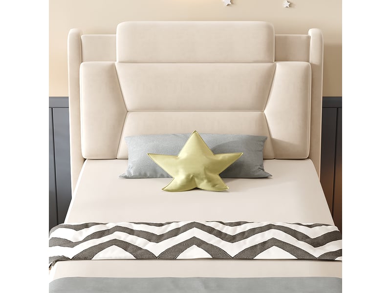  Lit rembourré pour enfants 90x200cm - lit en forme de voiture de course - hauteur de tête de lit réglable - avec éclairage led - tissu velours - beige (sans matelas)  - Conforama W