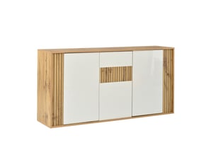 Buffet bas 140x35x71 cm, 3 portes, mdf laqué blanc et bois naturel, design simple, meuble de rangement salon et cuisine