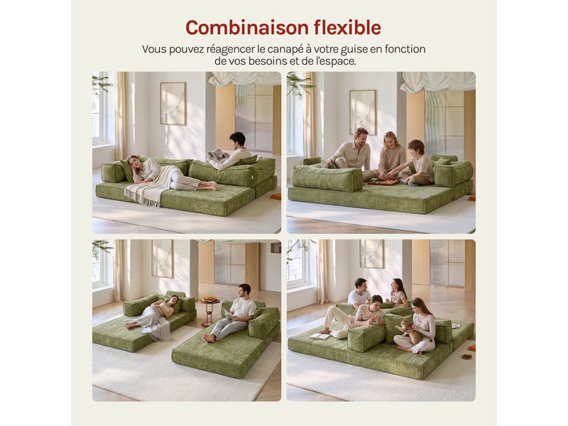  Canapé-lit convertible 3 places,sofa de sol modulaire，coussins amovibles, 207x106x68cm，vert olive  - Conforama E