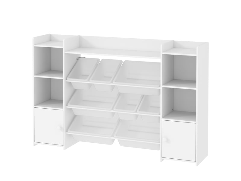  Meuble de rangement pour jouets d'enfants avec 8 bacs et placards amovibles, 140 x 30 x 90 cm, blanc  - Conforama B