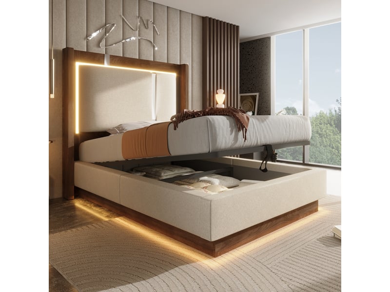  Lit coffre 90 × 200 cm, lin et décor noyer, beige et noyer, led et sommier relevable IKSETERA TRADING LTD - Conforama E