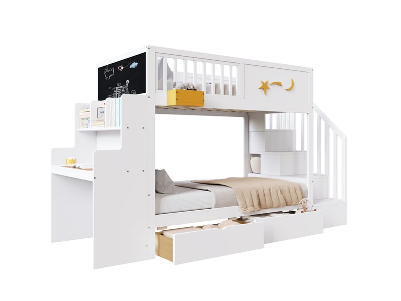 Lit superposé enfant blanc 90 x 200 cm avec bureau, escalier de rangement et tiroirs  - Conforama A