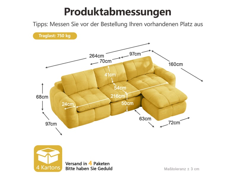  Canapé d'angle réversible 3 places modulaire avec pouf, sans cadre en chenille jaune 264 × 160 × 68 cm  - Conforama C