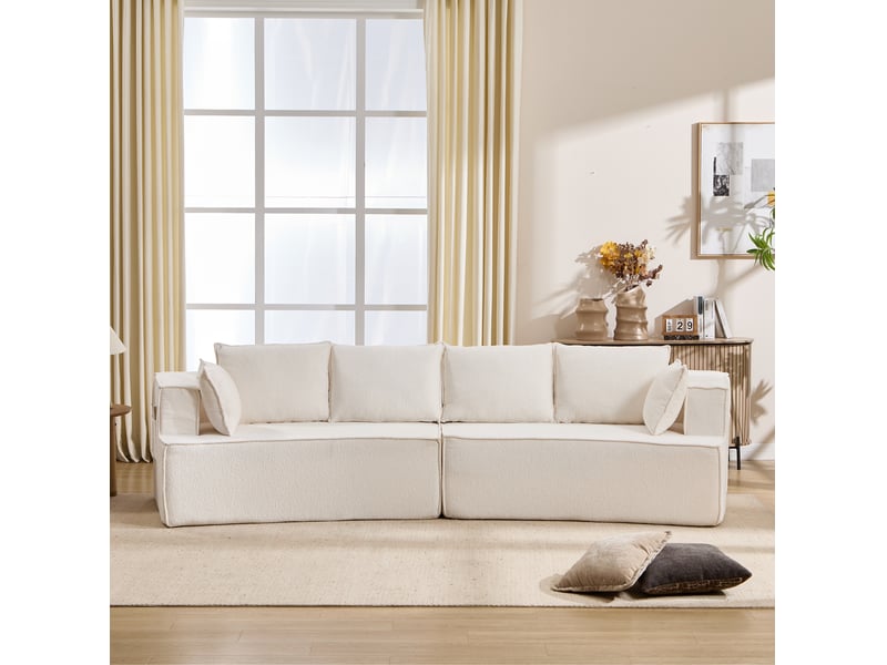 Canapé modulaire 4 places à assise profonde, silhouette incurvée et coussins en velours côtelé blanc - Conforama D