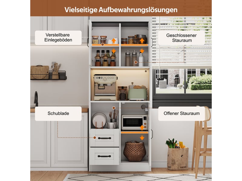  Armoire haute de cuisine 72x40x173 cm avec led rgb, 2 prises, 2 usb, 3 portes style grange, 2 tiroirs, étagères réglables, mdf blanc  - Conforama E