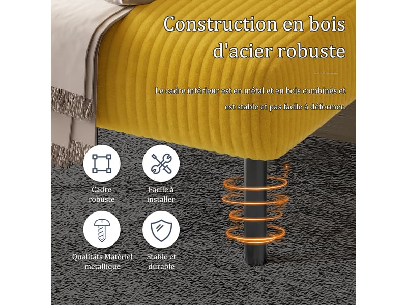  Canapé droit 2 places en velours côtelé jaune 120 x 75 x 79 cm avec poches latérales, salon bureau chambre 120x75x79cm - Conforama R