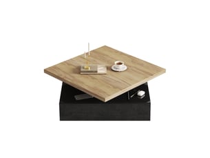 Table basse 70x70x36 cm pivotante à 360° avec tiroir dissimulé, panneau de particules, finition noyer et laqué noir