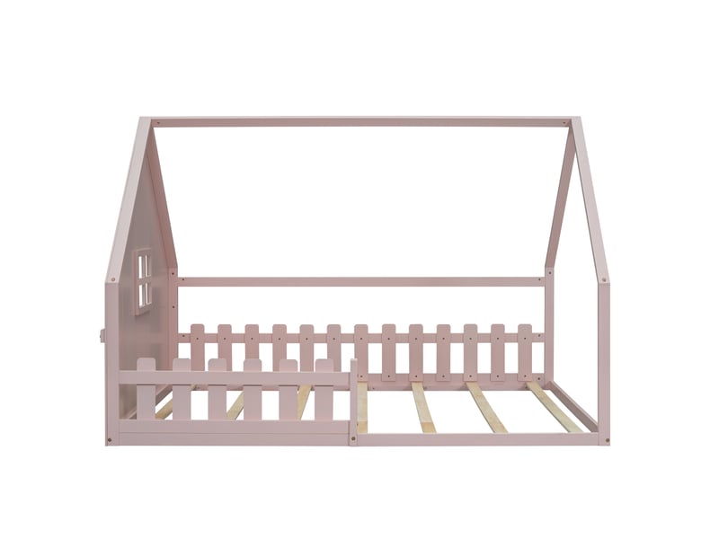 Lit enfant rose 140x200 cm style maison, pin, garde-corps et cadre décoratif - Conforama A