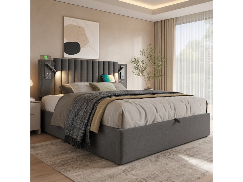  Lit coffre 180 x 200 cm gris avec éclairage de lecture et ports usbtype-c  - Conforama C
