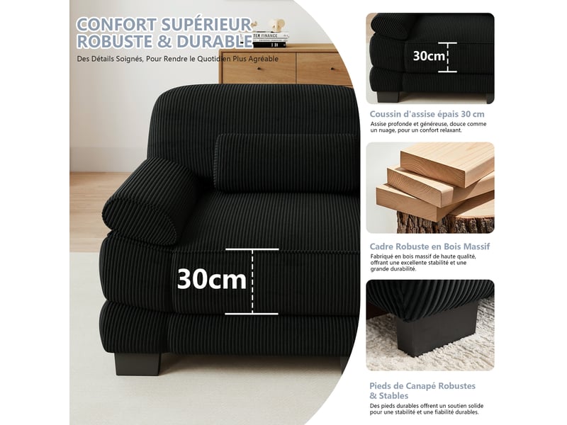 Canapé modulable en u modenvie 3 places avec 2 poufs, assise profonde, velours côtelé noir, 265 x 161 x 94 cm - Conforama E