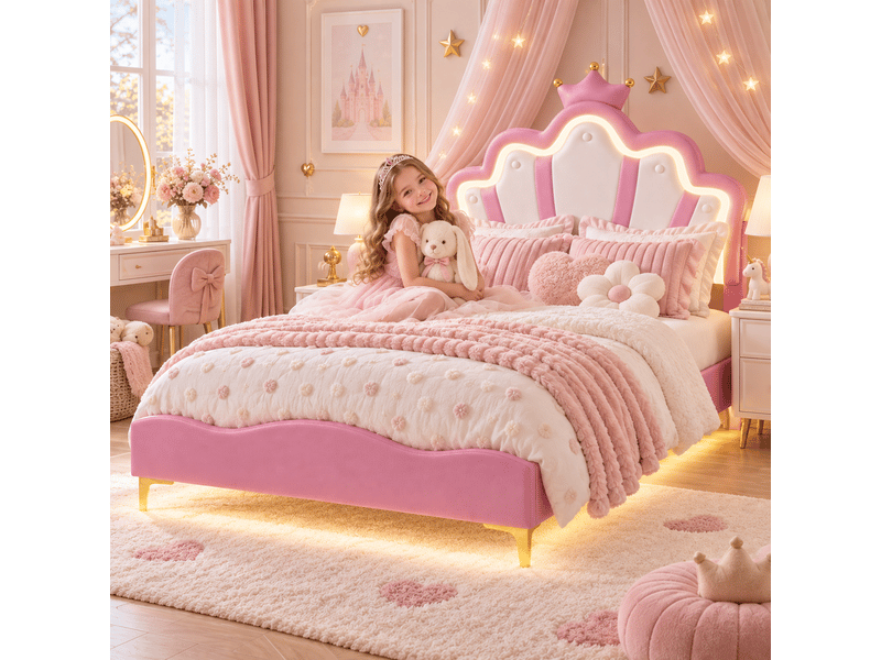  Lit enfant 140x190 avec sommier - éclairage led rgb - lit fille princesse avec tête de lit réglable - décor couronne -similicuir - lit enfant 140x190 avec led réglables -lit fille avec tête de lit en forme de couronne -lit une p…  - Conforama D