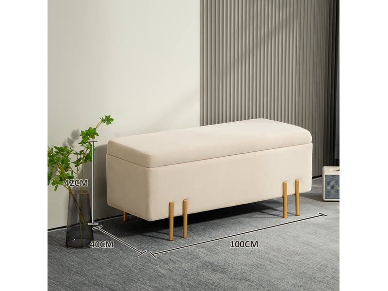  Banc coffre tcqpz 100 x 40 x 42 cm avec rangement, polyester aspect velours beige, pieds en métal galvanisé  - Conforama C