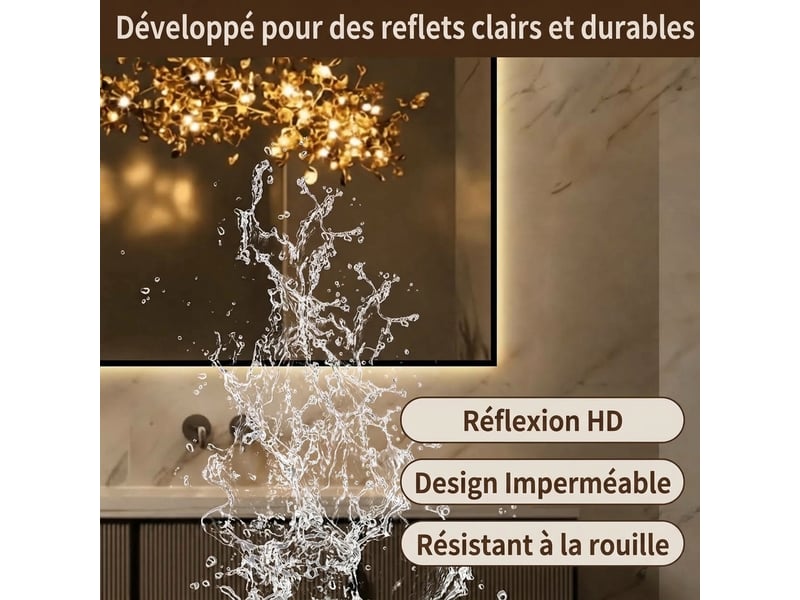  Miroir de salle de bain led 50x70 cm avec cadre en aluminium, rétroéclairé, anti-buée, 3 couleurs  - Conforama E
